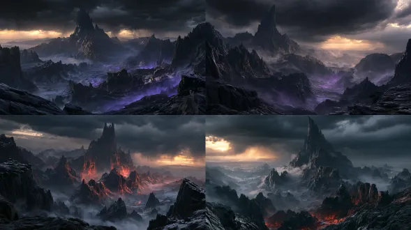 vast continuous black mountain range, steep jagged terrain, the tallest main peak rising like a gigantic sharp fang piercing through the dark clouds, razor-sharp obsidian cliffs, jagged ridges, deep abyssal valleys, twisted black rock formations, cold dark mist coiling around the mountain waist, faint purple demonic aura drifting through the valleys, heavy overcast sky, dark clouds pressing down, distant golden celestial light breaking through storm clouds, desolate and forbidden atmosphere, grand epic composition, low angle wide panoramic landscape, cinematic volumetric fog, dramatic shadow, 3d cg style, next-gen chinese anime, xianxia cultivation fantasy, oriental mystical wilderness, ultra-detailed, sharp rock texture, atmospheric depth, 8k, hyperrealistic