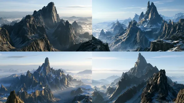 an endless jagged black mountain range, steep and perilous, the tallest main peak shaped like a colossal black tusk piercing the sky dome, obsidian and black iron rock, razor-sharp ridges, deep abysses and cliffs, mid-afternoon around 3 pm, warm slanting sunlight from the west, golden rim light along the mountain ridges, long dramatic shadows, cool blue-black shadows in the valleys, clear sky with thin drifting clouds, atmospheric haze, layered distant peaks, sea of clouds below, faint spiritual mist, immortal mountain aura, low-angle ultra-wide shot, epic scale, oppressive and majestic, cinematic lighting, volumetric god rays, 3d cg, next-generation chinese animation, xianxia cultivation fantasy, highly detailed, 8k, cinematic concept art, unreal engine, octane render