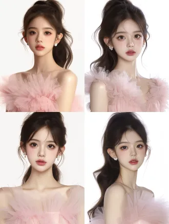 portrait of an 18-year-old modern east asian girl, innocent and adorable, delicate refined facial features, delicate makeup, soft blush, glossy lips, small delicate earrings, voluminous high ponytail, long black hair, wearing a pink fluffy lace princess dress with tulle layers, fair porcelain skin, pure white background, soft studio lighting, high-end fashion photography, hq, 8k