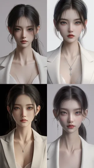 ``` photorealistic portrait of a young beautiful asian woman, soft oval face, fair smooth skin, big light gray eyes, double eyelids, tall straight nose, full pink lips, black hair tied into low ponytail, a few loose strands of hair frame the face, wearing off-white blazer with silky inner top, delicate silver long thread earrings, thin silver clavicle chain with tiny diamond, plain pure white background, soft studio lighting, gentle expression, intellectual and cold elegant temperament, bust shot, sharp focus, 8k, high detail, skin texture, soft shadow