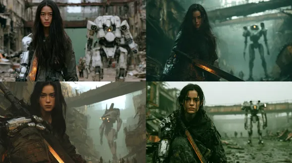 cinematic extreme-wide establishing shot of a vast deserted industrial district, broken warehouses and rusted overpasses. on the left side of the frame, closer to the camera than the mech, stands a beautiful young woman, visible head to toe and occupying about one-eighth of the image height. the camera is directly in front of her at eye level, clearly showing the front of her body. her shoulders and torso are square to the lens, her face is fully turned toward the camera, both eyes are visible, and she makes direct eye contact. her feet are planted on the ground. she has long black hair, a silver mechanical left arm, and a simple worn dark tactical outfit. she holds a long ornate blade down beside her thigh, its edge glowing warm amber. far behind her on the right stands a sleek humanoid mechanical mech facing the camera, with elongated limbs, a narrow waist, angular white and gray armor, thruster ports on its back, and a glowing amber optical sensor. grey-green haze separates the woman from the mech. tiny distant people provide scale, desaturated olive tones, low contrast, overcast diffused light, 35mm film grain, epic sense of scale.