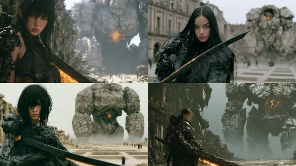 cinematic extreme-wide establishing shot of a vast ruined plaza, collapsed stone facades and empty concrete squares. on the left side of the frame, closer to the camera than the mech, stands a beautiful young woman, visible head to toe and occupying about one-eighth of the image height. the camera is directly in front of her at eye level, clearly showing the front of her body. her shoulders and torso are square to the lens, her face is fully turned toward the camera, both eyes are visible, and she makes direct eye contact. her feet are planted on the ground. she has long black hair, a mechanical right shoulder and arm, and a simple worn dark tactical outfit. she holds a long ornate blade across the front of her body, its edge glowing warm amber. far behind her on the right stands a colossal stone-like mechanical mech facing the camera, with weathered granite-textured armor, an ancient statue-like silhouette, massive arms, cracked surface details, and an amber core glowing in its torso. grey-green haze separates the woman from the mech. tiny distant people provide scale, desaturated olive tones, low contrast, overcast diffused light, 35mm film grain, epic sense of scale.