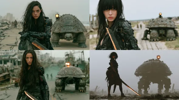 cinematic extreme-wide establishing shot of a vast abandoned coastal city, cracked roads leading to ruined docks. on the left side of the frame, closer to the camera than the mech, stands a beautiful young woman, visible head to toe and occupying about one-eighth of the image height. the camera is directly in front of her at eye level, clearly showing the front of her body. her shoulders and torso are square to the lens, her face is fully turned toward the camera, both eyes are visible, and she makes direct eye contact. her feet are planted on the ground. she has long black hair, a black mechanical right arm with subtle amber lines, and a simple worn dark tactical outfit. she holds a long ornate blade down beside her thigh, its edge glowing warm amber. far behind her on the right stands a turtle-like amphibious mechanical mech facing the camera, with a low rounded shell-shaped back, heavy riveted plates, four short clawed limbs, and a glowing amber navigation light on its head. grey-green haze separates the woman from the mech. tiny distant people provide scale, desaturated olive tones, low contrast, overcast diffused light, 35mm film grain, epic sense of scale.