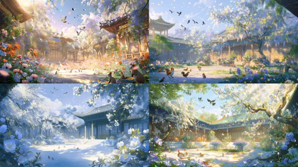 古雅中式小院，全景构图，晴日柔光，满院繁花，遍地小鸟松鼠，落瓣随风飘飞，丁达尔光效，仙侠意境，8k，细腻国风渲染，16:9画幅，v6.0，高风格化。