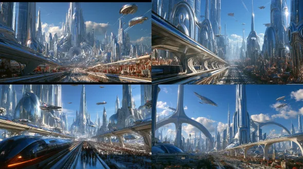 futuristic utopian megacity, silver glass skyscrapers, flying vehicles, elevated transit, immaculate streets, bright cool daylight, extreme wide establishing frame. 写实真实感，科技感，未来化