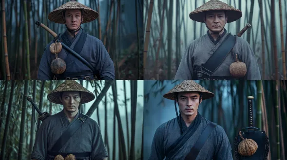 cinematic film still, a solitary song dynasty chinese swordsman standing in a misty bamboo forest at twilight, historical realism. he wears a woven bamboo conical hat with a light black veil, textured dark gray raw linen hanfu with a crossed collar, and fitted leather bracers on his forearms. on his wide leather waist belt, a traditional song-style straight sword in a black lacquered scabbard with brass fittings is suspended by double-ring attachments, alongside a dried natural bottle gourd. he holds the sword hilt, showing a dark cord-wrapped wooden grip and a flattened brass crossguard etched with cloud patterns. natural soft rim lighting, muted realistic colors, shot on 35mm lens, depth of field, realistic steel and weathered leather textures, photorealistic, hyper-realistic, 8k resolution, authentic historical detail
