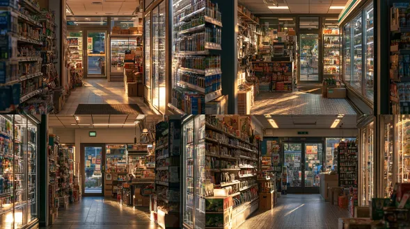 图1为便利店内部场景我需要外部场景正对着图1便利店 禁止出现绿色植物，中国南方大城市的便利店，天气外晴天傍晚暖光。