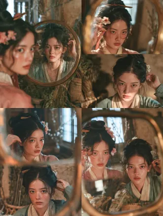 close up of a 23 year old chinese village bride reflected in a polished bronze mirror, its aged rim visible around her face. softly rounded oval face, bright almond eyes, shy expectant smile. black hair in a loose coiled bun with a wooden hairpin, muted red silk ribbon, and fresh peach blossoms. one hand adjusts a flower near her temple, reflected naturally. modest dusty rose wedding jacket, ivory inner collar, shoulders and neckline only visible. lightly blushed cheeks, softly defined brows, restrained rose red lips, warm natural skin with fine texture. single coherent reflection, facial details clear within the bronze's warm tint. sharp focus on reflected face and floral ornaments; softly blurred background of wooden window, earthen wall, small vase of spring branches. song dynasty rural wedding morning. warm tea brown, faded rose, light spring green tones, soft cinematic daylight, gentle shadows, low saturation. close up of a 26 year old chinese female herbalist seen primarily in a polished bronze mirror reflection, worn bronze rim framing her face. slender angular face, attentive dark eyes, natural straight eyebrows, quiet thoughtful expression. black hair in a loose practical bun with a plain wooden hairpin, tiny sprig of fresh white blossom above one ear. one hand smooths a stray strand, fingertips visible at reflection's edge. muted sage green cloth jacket and pale flax collar at mirror's bottom. lightly sun kissed skin, subtle freckles, natural cheek flush, softly colored lips, fine realistic skin detail. single coherent reflection with warm bronze tint. sharp focus on reflected face, hairpin, and blossoms. background softly blurred: wooden window, earthen wall, hanging herb bundles, bamboo basket of spring leaves. song dynasty rural household, quiet morning. warm tea brown, soft sage, ivory tones, balanced spring daylight, gentle cinematic shadows, low saturation, intimate storytelling