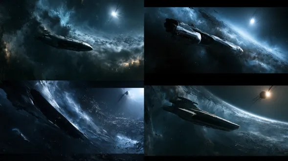 极广深焦太空全景，一艘外星难民战舰，宽厚方钝的矩形舰首、四角略圆，厚重连续的银白哑光陶瓷外壳，深陷的黑色结构腔，宽厚侧翼与舰体一体，完整紧凑的原舰尾，安静的非拟人化工业形态，在画面左下五分之一处呈现为微小的完整剪影，摄影机位于其左后上方，方钝舰首斜指右上。画面上三分之二被衰败寒冷的星云，以及层层受损的守军占据，外围是远方收紧的敌舰密网。背景深处一颗紧凑明亮的中子星，细弱暗淡的能量丝线向星体上的一点汇聚。巨大的纵深分离：近处冷碎片、中距舰群、远景恒星，难民舰仍清晰可追踪。恒星尚未爆炸，24mm广角透视，衰败蓝尘周围是绝对纯黑。 写实电影感科幻静帧，雕塑般的纪念性体量，钢蓝与失光银白对炭黑，低饱和矿物色，宽阔柔和的选择性高光，保留必要边缘细节的深黑，可触的材质厚度，克制的视觉层次，细微胶片颗粒，只在最亮光源周围有克制的光学光晕，巨大距离带来的孤独感。