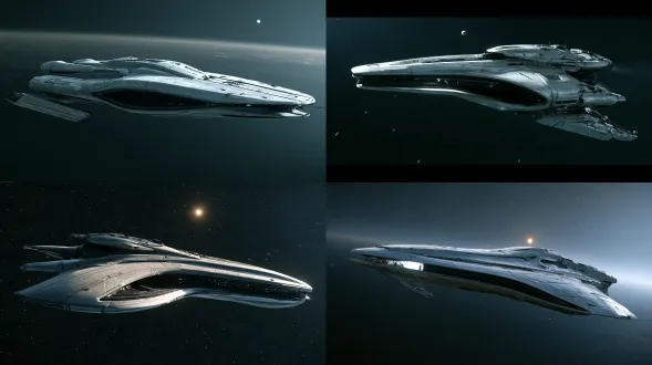 中广侧后跟拍构图，稀疏深空，一艘外星难民战舰，宽厚方钝的矩形舰首、四角略圆，厚重连续的银白哑光陶瓷外壳，深陷的黑色结构腔，宽厚侧翼与舰体一体，完整紧凑的原舰尾，工业硬表面装甲构成，分块装甲板与结构接缝清楚，安静的非拟人化工业形态，舰首与舰尾在同一可读剪影内完整可见，一侧宽翼略受损并倾斜。摄影机在舰体左侧外部，舰体斜向画面右侧航行，前方留有充足负空间。远处太阳只是一枚微小硬点，舰体前方一道内敛的狭窄冷白跃迁口正在张开，其外少量敌舰剪影。开阔温润的冷反射掠过苍白外壳，黑色结构腔保持深暗，沉重体量可见，35mm镜头，下一次攻击之前的一瞬，尚未断裂。 写实电影感科幻静帧，工业制造的硬表面形体，规则分块装甲板与清楚结构接缝，无机材料质感，钢蓝与失光银白对炭黑，低饱和矿物色，宽阔柔和的选择性高光，保留必要边缘细节的深黑，可触的金属与陶瓷厚度，克制的视觉层次，细微胶片颗粒，只在最亮光源周围有克制的光学光晕，巨大距离带来的孤独感。