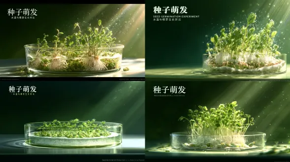新海诚与京阿尼剧场版动画电影风，赛璐璐清透手绘叠色与绚丽丁达尔体积光束及梦幻星芒焦散，高反差戏剧化逆光，十六比九横版左虚右实三分法黄金构图。定格《种子发芽实验》破壳瞬间：玻璃培养皿湿润滤纸上绿豆种子种皮裂开，向下伸出带绒毛的象牙白幼根、向上舒展翡翠绿肥厚子叶与嫩芽，叶尖凝结晶莹水珠，深森林绿背景衬翠绿新芽；左上深色留白区排立体中文大字主标题“种子发芽”与副标题“水分温度与根芽生长对比”，桌面器皿表面光滑纯净无字。