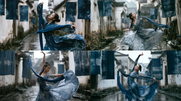 real candid photo, ink wash aesthetic, rainy afternoon in ancient huizhou alley, white walls black tiles, bluestone pavement wet with rain, indigo dye cloth banners hanging on both sides, misty rain falling, chinese classical dance, young chinese woman with long dark hair in simple bun, wearing indigo blue tie-dye hanfu dress, holding a indigo blue long silk sash, mid-dance classical chinese dance pose, arms in soft graceful arcs, body tilted gently to the side, one arm raised high, other arm extended outward, skirt flaring, dancing on wet bluestone pavement, realistic skin texture with pores and fine lines, natural complexion, not plastic skin, film grain, cinematic lighting, raindrops in air, shot on 50mm lens, sharp focus background, horizontal 16:9