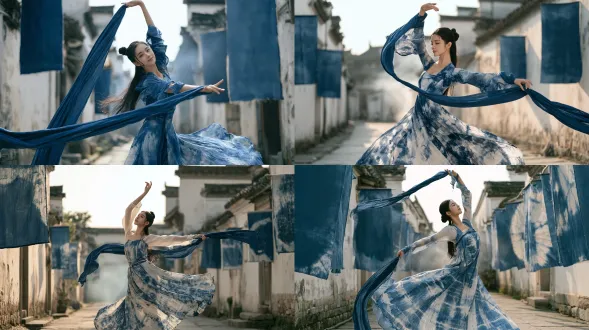real candid photo, ink wash aesthetic, cloudy afternoon in ancient huizhou alley, white walls black tiles, bluestone pavement clean, indigo dye cloth banners hanging on both sides, gentle breeze blowing, misty air, chinese classical dance, young chinese woman with long dark hair in simple bun, wearing indigo blue tie-dye hanfu dress, holding a indigo blue long silk sash, mid-dance classical chinese dance pose, arms in soft graceful arcs, body tilted gently to the side, one arm raised high, other arm extended outward, skirt flaring, dancing on bluestone pavement, realistic skin texture with pores and fine lines, natural complexion, not plastic skin, film grain, cinematic lighting, dust particles in air, shot on 50mm lens, sharp focus background, horizontal 16:9