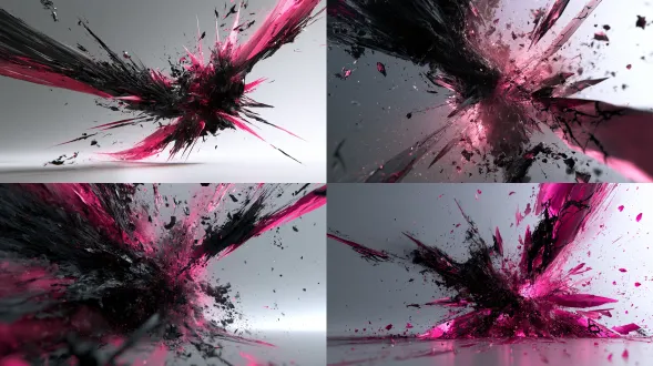 extremely pure visual effects asset. pitch-black shadow matter and shattered void fragments turning into countless sharp massive blades, bursting outward radially at extreme speed. blade edges feature magenta highlights and black spatial tearing cracks, carrying a strong sense of oppression and cutting power. plain gray to white minimalist gradient background, no characters, no ground, no environment. extreme contrast, unreal engine 5, pbr materials, top-tier 3a game ultimate visual.
