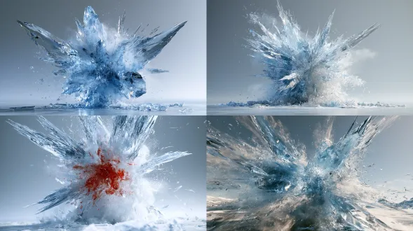 extremely pure visual effects asset. ice-blue and pure white extreme frost crystal storm, spreading rapidly outward from the center, instantly freezing the air. featuring massive sharp ice spikes, water vapor condensation particles, and intense ice crystal high-light refraction. plain gray to white minimalist gradient background, no characters, no ground, no environment. extreme contrast, unreal engine 5, top-tier 3a game ultimate skill vfx.