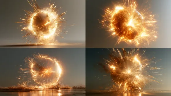 extremely pure visual effects asset. golden and white holy light explosion, like a falling sun. a massive energy orb releasing countless golden light blades and scorching brilliance, with intense optical halation and heatwave air distortion. plain gray to white minimalist gradient background, no characters, no ground, no environment. extreme contrast, unreal engine 5, cinematic cg vfx.