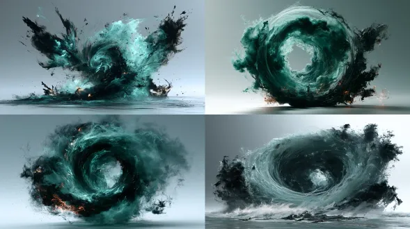 extremely pure visual effects asset. cyan-green and dark black nether storm, condensing into a massive energy vortex. including soul-fragment ghost lights, energy pulling threads, and shadow flames. featuring an intense sense of suction and eerie dark aesthetic. plain gray to white minimalist gradient background, no characters, no ground, no environment. extreme contrast, unreal engine 5, dark eastern fantasy style.