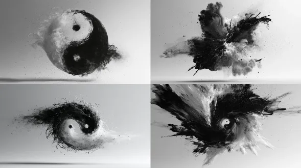 大招三：黑白归墟（void of silence domain） 【中文提示词】 极其纯粹的视觉特效素材。画面中央爆发出巨大的黑白颠倒太极领域，呈现出万物失色、时间静止的绝对寂静空间。领域由黑白水墨流体与无数如刀锋般锋利的悬浮粒子交织构成，具有极度锐利的切割感与水墨晕染感。边缘带有极强的明暗对比与水墨粒子消散效果。纯灰色渐变至白色的极简背景，无任何人物、无地面、无建筑、无环境元素。极致的黑白对比，太极图的纯白与墨黑成为视觉中心。虚幻引擎5实时渲染质感，pbr物理材质，3a游戏顶级大招视觉，电影级特效，干净的图层，适合后期合成。 【english prompt】 extremely pure visual effects asset. a massive inverted black and white yin-yang domain bursting from the center, manifesting as a world devoid of color and a space of absolute silence where time stands frozen. the domain is composed of black and white ink fluids intertwined with countless razor-sharp suspended particles, featuring an extremely sharp cutting edge and ink wash diffusion effect. intense chiaroscuro and ink particle dissipation effects. plain gray to white minimalist gradient background, with absolutely no characters, no ground, no buildings, no environmental elements. extreme black and white contrast, the pure white and ink black of the yin-yang symbol becoming the visual center. unreal engine 5 real-time rendering, pbr physical materials, top-tier 3a game ultimate skill visual, cinematic vfx, clean layer, perfect for compositing.