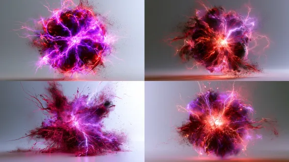 大招：紫霄雷狱（thunder hell domain） 【中文提示词】 极其纯粹的视觉特效素材。画面中央爆发出巨大的紫黑色与暗红色交织的高频雷电领域，呈现出无数雷龙撕裂空间的狂暴冲击波。领域由高频爆燃的雷电粒子与暗红色能量拖尾交织构成，具有极度耀眼的爆裂感和空间撕裂感。边缘带有极强的电弧泛光与碎屑飞溅消散效果。纯灰色渐变至白色的极简背景，无任何人物、无地面、无建筑、无环境元素。极致的明暗对比，紫红色的高光照亮四周。虚幻引擎5实时渲染质感，pbr物理材质，3a游戏顶级大招视觉，电影级特效，干净的图层，适合后期合成。 【english prompt】 extremely pure visual effects asset. a massive purple-black and dark red interwoven high-frequency thunder domain bursting from the center, manifesting as violent shockwaves of thunder dragons tearing through space. the domain is composed of high-frequency exploding lightning particles intertwined with dark red energy trails, featuring an extremely dazzling explosive quality and spatial tearing effect. intense electric arc halation and debris splashing dissipation effects. plain gray to white minimalist gradient background, with absolutely no characters, no ground, no buildings, no environmental elements. extreme high contrast, the purple-red light illuminating the surroundings. unreal engine 5 real-time rendering, pbr physical materials, top-tier 3a game ultimate skill visual, cinematic vfx, clean layer, perfect for compositing.