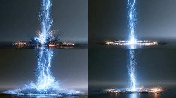 特效：蓝白雷电冲击波（纯特效·灰白背景） extremely pure visual effects asset. a massive blue and white lightning energy shockwave bursting from the center, manifesting as a vertical pillar erupting into the sky. the pillar is composed of high-frequency flickering lightning plasma, crystalized light, and high-density glowing particles. circular shockwave radiating outward at the base, with intense debris spattering and edge halation. plain gray to white minimalist gradient background, with absolutely no characters, no ground, no buildings, no environmental elements. extreme high contrast, the blue and white light illuminating the surroundings. unreal engine 5 real-time rendering, pbr physical materials, top-tier 3a game ultimate skill visual, cinematic vfx, clean layer, perfect for compositing.