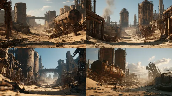 场景：沙漠废弃工业区 (abandoned desert industrial zone) 视觉核心：巨大的生锈油罐、散落的钢管、黄沙掩埋的钢铁废墟、极具压迫感的黄昏光影。 · 英文提示词 (直接复制)： a desolate abandoned industrial zone in a vast desert wasteland. featuring two massive, heavily rusted cylindrical metal oil tanks covered in sand and grime. surrounded by broken metal pipes, collapsed rusty chain-link fences, ruined concrete structures, and steel wreckage half-buried in the yellow sand dunes. dim and dusty atmosphere, blowing sand, cinematic lighting, dramatic shadows, post-apocalyptic aesthetic. highly detailed textures, photorealistic, 8k resolution, unreal engine 5 render,