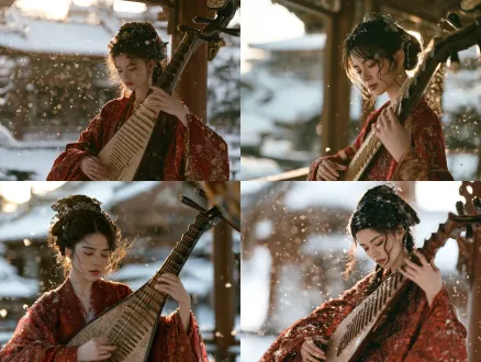 close shot of a young chinese noble girl quietly playing a traditional chinese pipa inside an open ancient palace pavilion during gentle snowfall, her hands naturally engaged with the strings, clear eyes with faint melancholy gaze, calm and restrained expression, slight sadness between her brows. elegant traditional chinese updo decorated with jade ornaments and pearl hairpins, **crimson red embroidered silk robe**. soft snowflakes drifting through the open pavilion, several flakes resting naturally on her hair and sleeves. pale winter sunlight coming from behind creating a delicate golden halo and soft hair rim light. snowy courtyard and ancient architecture softly blurred behind her, warm brown wood contrasting with pale snow. realistic translucent peach skin, delicate facial texture, cinematic natural lighting, soft atmospheric depth, shallow depth of field, subtle golden dust-like snow in backlight. authentic historical chinese cinema, arri alexa 35, 65mm close portrait lens, kodak film color, low saturation, ultra realistic, no cgi.