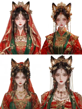 杰作，中国古风狐新娘半身人像，纯白背景，正面居中构图，腰腹以上，面部特写清晰，眼神直视画面中心。东方华裔成熟女性，五官极致精致，美艳清冷，白皙肌肤，眼眸深情暗含阴森诡意。乌黑华丽长发，狐耳自发丝间探出，完整露出精致面容。华丽丝绸红绿撞色新娘大袖礼服，层次分明，结构清晰，金线刺绣狐狸纹样，全套珠钗、步摇、耳坠、璎珞，发饰完整，清晰，主次分明。红绿主色调，点缀金饰珠宝，美艳神秘，中式志怪氛围感，不恐怖。古风厚涂2.5d人物立绘，细腻笔触，极致细节，纯白干净背景