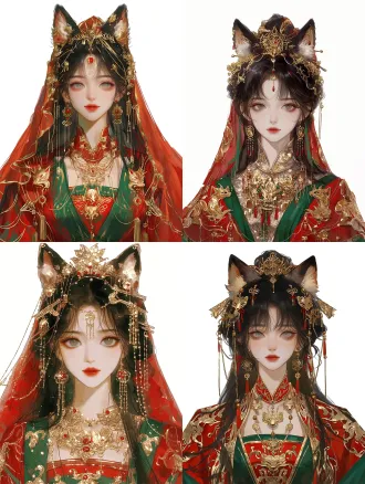 杰作，中国古风狐新娘半身人像，纯白背景，正面居中构图，腰腹以上，面部特写清晰，眼神直视画面中心。东方华裔成熟女性，五官极致精致，美艳清冷，白皙肌肤，眼眸深情暗含阴森诡意。乌黑华丽长发，狐耳自发丝间探出，完整露出精致面容。华丽丝绸红绿撞色新娘大袖礼服，层次分明，结构清晰，金线刺绣狐狸纹样，全套珠钗、步摇、耳坠、璎珞，发饰完整，清晰，主次分明。红绿主色调，点缀金饰珠宝，美艳神秘，中式志怪氛围感，不恐怖。古风厚涂2.5d人物立绘，细腻笔触，极致细节，纯白干净背景