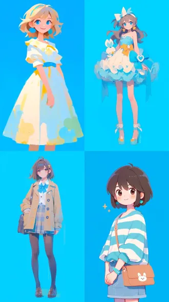 bright and saturated blue background, girl character, cute styling design.