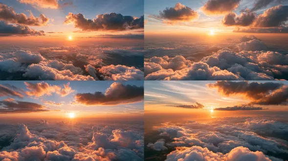 above the clouds at dusk, endless sea of clouds below glowing in warm golden light, sun about to set on the horizon, soft amber and orange gradient sky fading into deep violet, volumetric god rays, gentle rim light on cloud edges, serene atmosphere, ultra wide cinematic landscape, aerial photography, photorealistic, high detail, soft haze, no people, no humans, no buildings