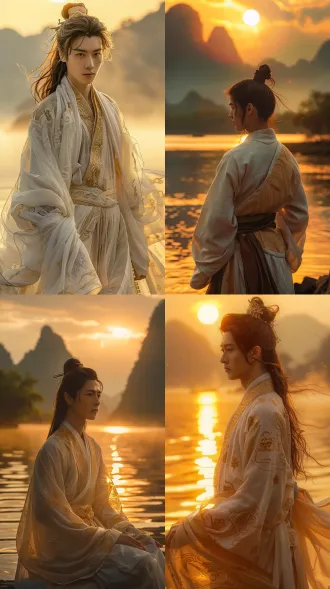 magnificent handsome ancient chinese youth, tall figure, neat tied hair, white and gold wide-sleeve robe, standing on river bank facing rising sun, golden river surface reflection, layered distant mountains, morning mist winding, broad and gentle temperament, grand chinese landscape portrait, cinematic golden hour lighting, ultra realistic, 8k