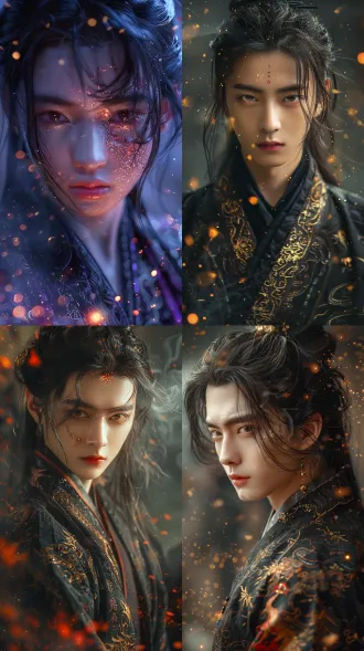 glamorous enchanting young oriental man, fox-type charming eyes, pale skin, half-long black hair, black and wine red gilded gorgeous robe, delicate golden demon pattern, surrounded by faint purple mist and golden fox light particles, mysterious and glamorous aura, fantasy ancient chinese demon style, cinematic tone, ultra detailed, 8k