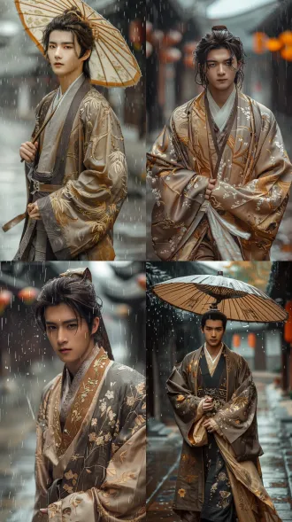 gentle handsome jiangnan noble young man, tender facial features, light brown and pale gold ancient costume, elegant gilded plant patterns, walking in misty rainy jiangnan alley, soft rain mist, warm dim ambient light, gentle and moist temperament, poetic chinese southern style, cinematic soft rainy atmosphere, ultra realistic portrait, 8k