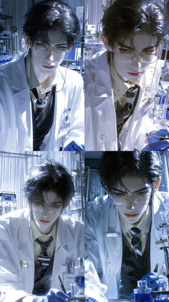 浓眉大眼，英俊帅气，电影级写实肖像，一位25岁亚洲男性医学专业人士，正面脸部特写，略微俯视又带近景微仰拍的矛盾抓拍感，冷白皮，细腻透明奶油肌，高清皮肤纹理，高鼻梁，狭长丹凤眼，眼尾泪痣，m形水润薄唇，黑色短发大背头，神情傲娇高冷疏离，带不屑与病娇魅惑气质，男团妆，薄肌线条清晰。佩戴无框细金丝边眼镜，金属细镜腿，透明方形镜片，镜片带环境柔光反光。服装在白大褂基础上升级为白金蓝黑实验室贵族风：宽松挺括纯白色长袖医生白大褂，翻领西装式大褂领口，正面圆形纽扣清晰可见，布料有自然柔和褶皱；内搭浅米色正装衬衫，硬挺翻领；内层深色西装马甲，暗纹提花黑色领带；额外加入银色胸牌、蓝色实验手套局部、白蓝条纹医师领带夹与细金属链。人物手握钢笔微微垂眸，背景为明亮宽敞的高级医院现代办公室与实验室结合空间，百褶窗帘、百叶窗、书柜、植物、病例单、钢笔、玻璃器皿、蓝色试剂、冷色屏幕光与金属仪器反射。整体配色为白、金、蓝黑、冷灰、少量银色，层次复杂但干净克制。柔和侧逆光，脸部强烈阴影明暗对比，高级cg插画，伪细腻厚涂，笔触细腻，伪bjd质感，暗黑漫画男主与霸总气质，8k超清蓝光画质，写实面料与真实布料褶皱，无文字水印。