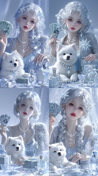 9:16竖幅半身人像，精致财阀少女，bjd娃娃质感与卡通写实混合画风，白皙清冷少女娃娃脸，冷白通透肌肤，银白色半披螺旋编发，两侧发丝扭绞螺旋细辫向后固定，剩余银白长卷发自然披落胸前后背，发丝带冰晶细闪。人物微微仰头，神态清冷静谧，肩线舒展；左手举起一沓人民币钞票，钞票柔和扇形散开；右手轻搭堆满现金的桌面。腿边趴卧白色萨摩耶幼犬，蓬松白毛，杏仁浅棕眼眸，佩戴冰透托帕石银链项圈与透明冰棱小吊坠。冰灰浅蓝重工拼蕾丝小香套装，冰灰粗花呢外套拼接冰雕雪花蕾丝，浅冰蓝真丝吊带内搭。托帕石冰棱发饰穿插螺旋编发，细银蕾丝发带；浅灰细框光学眼镜，镜腿镶嵌碎托帕石。耳饰为托帕石冰棱垂坠耳坠，铂金底座，切割冰棱状托帕石，长短错落冰晶造型；美甲为冰灰透底碎冰延长甲，清透冰灰底色，镶嵌碎托帕石，浮雕冰裂纹理。全套托帕石与铂金首饰，多层项链、浅蓝镶钻腕表、大颗托帕石戒指。浅冰灰渐变柔光纯色背景，桌面有成捆现金、浅灰缎面礼盒、冰灰菱格皮包、冰透水晶香水瓶、镶钻淡蓝高脚杯。冷调柔光棚拍，浅景深，冰面宝石反光通透，蕾丝雪花肌理细腻，清冷冰川私邸茶会氛围，主色调冰灰与浅冰蓝，红色钞票作为点缀。