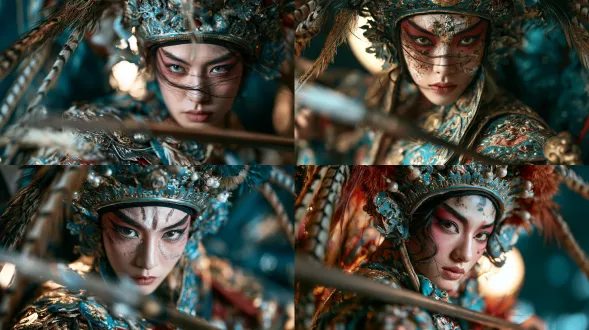 an ethereal adult chinese peking opera wu sheng performer, handsome delicate oval face, balanced natural features, calm luminous eyes gazing gently toward the camera, poised expression. wearing refined peacock-blue and antique-bronze light armor, embroidered shoulder guards and a neat helmet with long pheasant plumes. close chest-up portrait, face in crisp focus and unobstructed, viewed from a subtle low angle with an 85mm portrait lens. a spear crosses the blurred lower foreground without hiding the face. soft full-moon glow behind him, dark teal stage bokeh. chinese mineral-pigment painting fused with luminous cinematic 3d, intricate fabric and metalwork