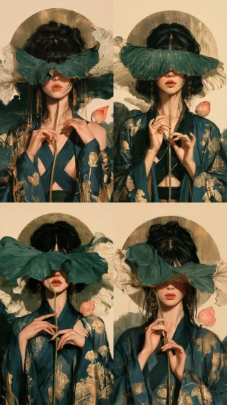 prompt： chest-up frontal chinese decorative illustration, one centered woman with an enormous jade-green lotus leaf covering both eyes, revealing a lightly drawn nose and small rose-red lips. both hands loosely hold a slender lotus stem at her chest, a pink bud beside her shoulder. pale ivory face, fine contours, faint blush; dark center-parted coiled hair, dangling gold ornaments. deep blue-green crossed-collar robes with matte color planes and delicate flat gold botanical patterns. pale curled leaf rim, fine gold veins, muted gold circle behind her head, warm ivory ground. soft pigment washes, shallow layered space, even gentle light.