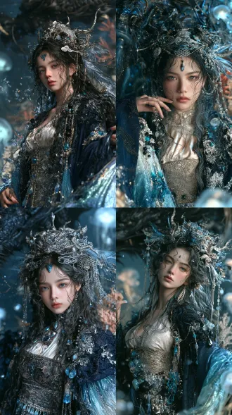 极繁奢华重工东方神话 fantasy 人像，竖版半身人像，角色为玄溟龙尊·苍梧璃妃，圆润小脸与超大杏眼的少女，超大黑色渐变杏眼，眼瞳由纯黑渐变至冷银灰，浓密卷翘睫毛，一位来自深海龙宫的玄黑龙妃少女，面容冷艳清贵，龙瞳带淡金竖光，神情克制冷静，额间有黑蓝渐变龙鳞花钿。不要彩色头发，墨蓝渐变冰银超长披发改为黑色至冷银灰渐变，发丝带水纹光泽，松散垂落，几缕发丝贴在脸颊与颈侧。发饰为鎏玄龙衔珠冠，冠体有龙角轮廓、云雷浮雕与镂空鳞片纹，搭配苍玉坠、银蓝羽丝、透明水晶珠串。配色为玄青、苍金、冰银、琉璃蓝、暗紫，服装为重工玄黑龙纹鲛绡帝服，内层是珍珠白半透明纱衣，中层为苍金绣龙纹紧身腰衣，外层是宽大玄青广袖与冰蓝渐变拖尾，衣身布满玄龙、海浪、云雷、珊瑚暗纹刺绣，镶嵌海蓝宝、黑珍珠、碎银箔、琉璃片，袖口垂挂冰银链坠与蓝晶流苏。背景为深海玄龙神殿，黑蓝石柱环绕，远处有巨大玄龙虚影游过，漂浮发光水母、珊瑚枝、破碎玉璧与淡蓝水泡，幽冷海底漫射光从上方落下，背后有苍金轮廓光，8k超高细节，华丽东方幻想插画质感，景深虚化，龙鳞纹、鲛纱、金属冠饰与深海雾气层次极度丰富。负面提示词：低画质，模糊，畸变五官，畸形手部，多余手指，残缺肢体，蜡像塑料皮肤，空洞无神眼睛，水印，文字，logo，裁剪不全，人体结构崩坏，oversaturation，丑陋，变形，重复人物，粗糙噪点。