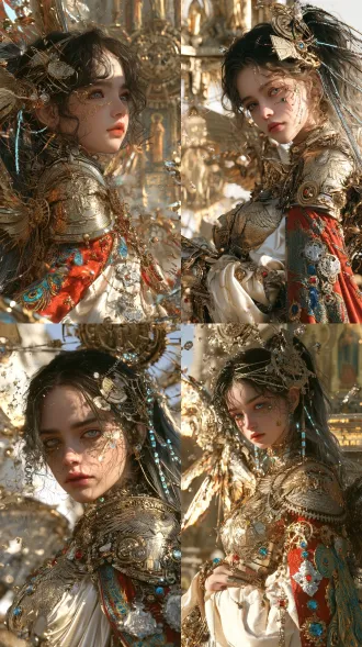 极繁奢华重工机械神教 fantasy 人像，竖版半身人像，角色为炽天使·鎏金圣械，圆润小脸与超大杏眼的少女，超大黑色渐变杏眼，眼瞳由纯黑渐变至冷银灰，浓密卷翘睫毛，一位被改装为战斗炽天使的机械圣徒少女，面容清冷神圣，蓝灰眼眸带微型机械光圈，表情平静庄严，面部一侧有细薄鎏金圣纹植入体。不要彩色头发，铂银浅金高马尾改为黑色至冷银灰渐变高马尾，发丝中穿插金属神经线与发光蓝晶丝。发饰为鎏金机械圣环，圣环由多层齿轮、刻纹金片、悬浮圣晶组成，背后展开六片半透明机械炽翼。配色为鎏金、铂银、绯红、孔雀蓝、珍珠白，服装为重工机械神教战斗礼服，胸甲与肩铠由铂银、钛金与透明圣晶组成，刻有炽天使纹、圣约符文、齿轮光环，外披珍珠白丝质圣袍与绯红半透明披风，衣摆有孔雀蓝金线刺绣，镶嵌蓝晶、红宝石、银质圣牌与微型机械枢机。背景为浮空机械圣堂，穹顶悬挂巨型齿轮圣坛，金色圣像与发光符文围绕，漂浮金属碎晶、圣灰与能量粒子，顶部有神圣白金漫射光，背后鎏金轮廓光强烈，8k超高细节，复古科幻宗教插画质感，金属、丝绒、水晶、机械翼与圣堂结构精细。负面提示词：低画质，模糊，畸变五官，畸形手部，多余手指，残缺肢体，蜡像塑料皮肤，空洞无神眼睛，水印，文字，logo，裁剪不全，人体结构崩坏，oversaturation，丑陋，变形，重复人物，粗糙噪点。