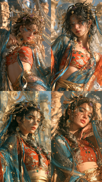 极繁奢华重工西域幻梦 fantasy 人像，竖版半身人像，角色为琉璃天姬·幻梦神妃，圆润小脸与超大杏眼的少女，超大黑色渐变杏眼，眼瞳由纯黑渐变至冷银灰，浓密卷翘睫毛，一位来自西域飞天神国的幻梦舞姬少女，面容明艳神秘，眼尾有青蓝金粉纹饰，额间嵌有琉璃梦铃。不要彩色头发，墨黑暖橙长辫发改为黑色至冷银灰渐变辫发，多条细辫环绕头顶，发间穿插孔雀蓝丝带与金铃。发饰为鎏金琉璃梦冠，冠体有飞天飘带形金属片、彩色琉璃坠、紫晶花芯与小金铃，耳侧垂挂孔雀羽形金饰。配色为孔雀蓝、琉璃金、朱砂红、暖橙、紫晶，服装为重工飞天幻梦舞服，内层是朱砂红刺绣抹胸，中层为孔雀蓝渐变薄纱披帛，外层是金色镂空腰封与多层飘带，衣身布满莲花、祥云、飞天纹、星点碎金，镶嵌琉璃珠、祖母绿、粉碧玺、金箔片，飘带边缘有细密银绣。背景为西域浮空梦宫，砂岩色神塔与琉璃穹顶倒映星空，空中漂浮梦幻纱带、金色飞尘、碎晶梦蝶与发光符文，暖橙夕光从侧面照射，人物背后有孔雀蓝轮廓光，8k超高细节，东方西域幻想插画质感，色彩华丽，纱带、琉璃、金饰、飞天纹与梦宫层次丰富。负面提示词：低画质，模糊，畸变五官，畸形手部，多余手指，残缺肢体，蜡像塑料皮肤，空洞无神眼睛，水印，文字，logo，裁剪不全，人体结构崩坏，oversaturation，丑陋，变形，重复人物，粗糙噪点。