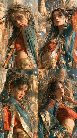 极繁奢华重工西域幻梦 fantasy 人像，竖版半身人像，角色为琉璃天姬·幻梦神妃，圆润小脸与超大杏眼的少女，超大黑色渐变杏眼，眼瞳由纯黑渐变至冷银灰，浓密卷翘睫毛，一位来自西域飞天神国的幻梦舞姬少女，面容明艳神秘，眼尾有青蓝金粉纹饰，额间嵌有琉璃梦铃。不要彩色头发，墨黑暖橙长辫发改为黑色至冷银灰渐变辫发，多条细辫环绕头顶，发间穿插孔雀蓝丝带与金铃。发饰为鎏金琉璃梦冠，冠体有飞天飘带形金属片、彩色琉璃坠、紫晶花芯与小金铃，耳侧垂挂孔雀羽形金饰。配色为孔雀蓝、琉璃金、朱砂红、暖橙、紫晶，服装为重工飞天幻梦舞服，内层是朱砂红刺绣抹胸，中层为孔雀蓝渐变薄纱披帛，外层是金色镂空腰封与多层飘带，衣身布满莲花、祥云、飞天纹、星点碎金，镶嵌琉璃珠、祖母绿、粉碧玺、金箔片，飘带边缘有细密银绣。背景为西域浮空梦宫，砂岩色神塔与琉璃穹顶倒映星空，空中漂浮梦幻纱带、金色飞尘、碎晶梦蝶与发光符文，暖橙夕光从侧面照射，人物背后有孔雀蓝轮廓光，8k超高细节，东方西域幻想插画质感，色彩华丽，纱带、琉璃、金饰、飞天纹与梦宫层次丰富。负面提示词：低画质，模糊，畸变五官，畸形手部，多余手指，残缺肢体，蜡像塑料皮肤，空洞无神眼睛，水印，文字，logo，裁剪不全，人体结构崩坏，oversaturation，丑陋，变形，重复人物，粗糙噪点。