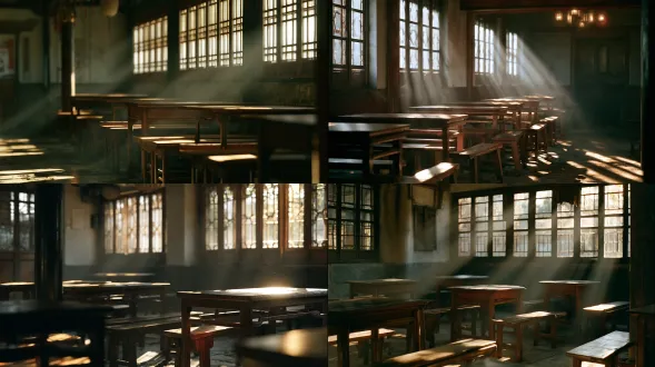 empty old chinese teahouse interior, wooden tables and benches, lattice windows, dust in sunlight beams, worn floor, muted warm tones, cinematic film still, 35mm, shallow depth of field, film grain
