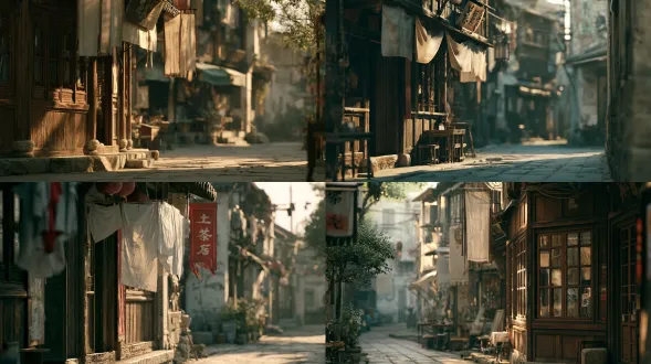 empty old chinese street corner, teahouse wooden facade, hanging cloth banners, stone pavement, hazy daylight, muted warm tones, cinematic film still, 35mm, shallow depth of field, film grain