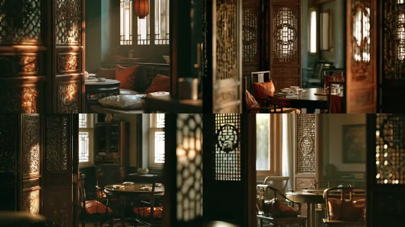 empty elegant chinese restaurant private room, carved wooden screen, round table, silk cushions, window light, muted warm tones, cinematic film still, 35mm, shallow depth of field, film grain