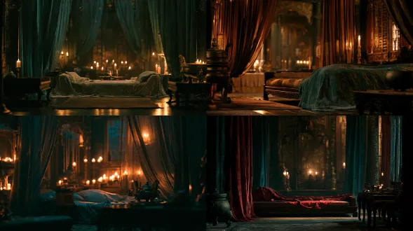 empty chinese princess warm chamber at night, low couch, heavy curtains, bronze censer, candlelight, deep shadows, teal and gold, cinematic film still, 35mm, shallow depth of field, film grain