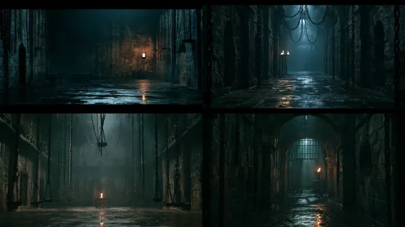empty chinese imperial prison interrogation hall at night, stone walls, iron chains, single torch, wet floor, near black shadows, cold grey light, cinematic film still, 35mm, film grain
