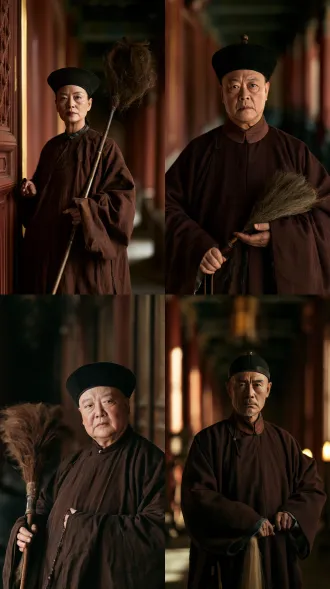 chinese palace attendant, 45 years old, plump soft face with white powder makeup, dark brown round collar robe, black cap, holding a horsetail whisk, looking at camera, sinister cold gaze, palace corridor, dim light, period drama still, porcelain skin, 85mm f/2