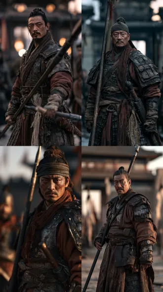 chinese tavern keeper turned soldier, 45 years old, battle hardened bearing, iron armour over brown robe, holding a long spear, looking at camera, sharp steady gaze, city gate, dusk, period drama still, porcelain skin, 85mm f/2