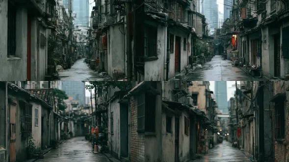 empty narrow chinese urban village alley, low old buildings, wet concrete, distant glass tower looming, overcast cool daylight, muted desaturated tones, cinematic film still, 35mm, shallow depth of field, film grain