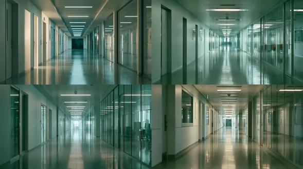 empty modern private hospital corridor, pale walls, polished floor, cold fluorescent light, glass partitions, clean minimal, cool desaturated tones, cinematic film still, 35mm, shallow depth of field, film grain